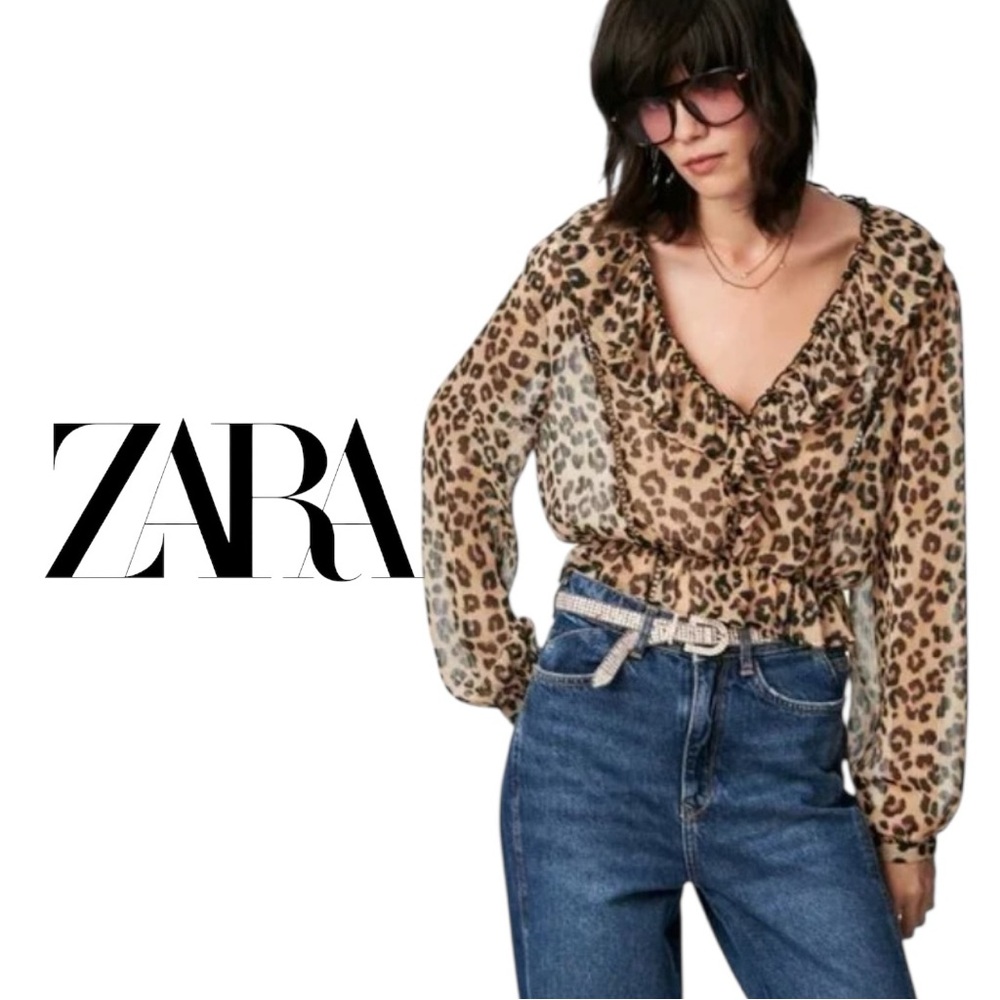 ZARA Leopard Print Sheer Ruffle Blouse Size M Y2K Long Sleeve
